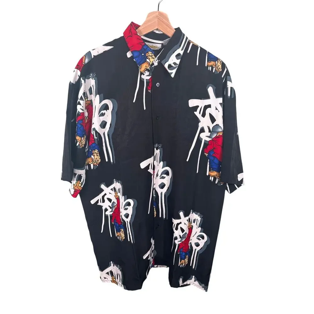 Up Ro's Button Down‎ Shirt Mens Large Black Graffiti Character Streetwear Top